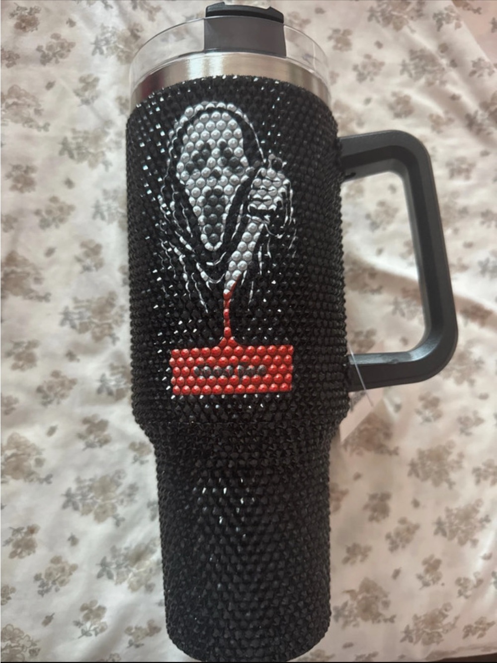 Black Rhinestone Travel Mug with Red Accent and Handle
